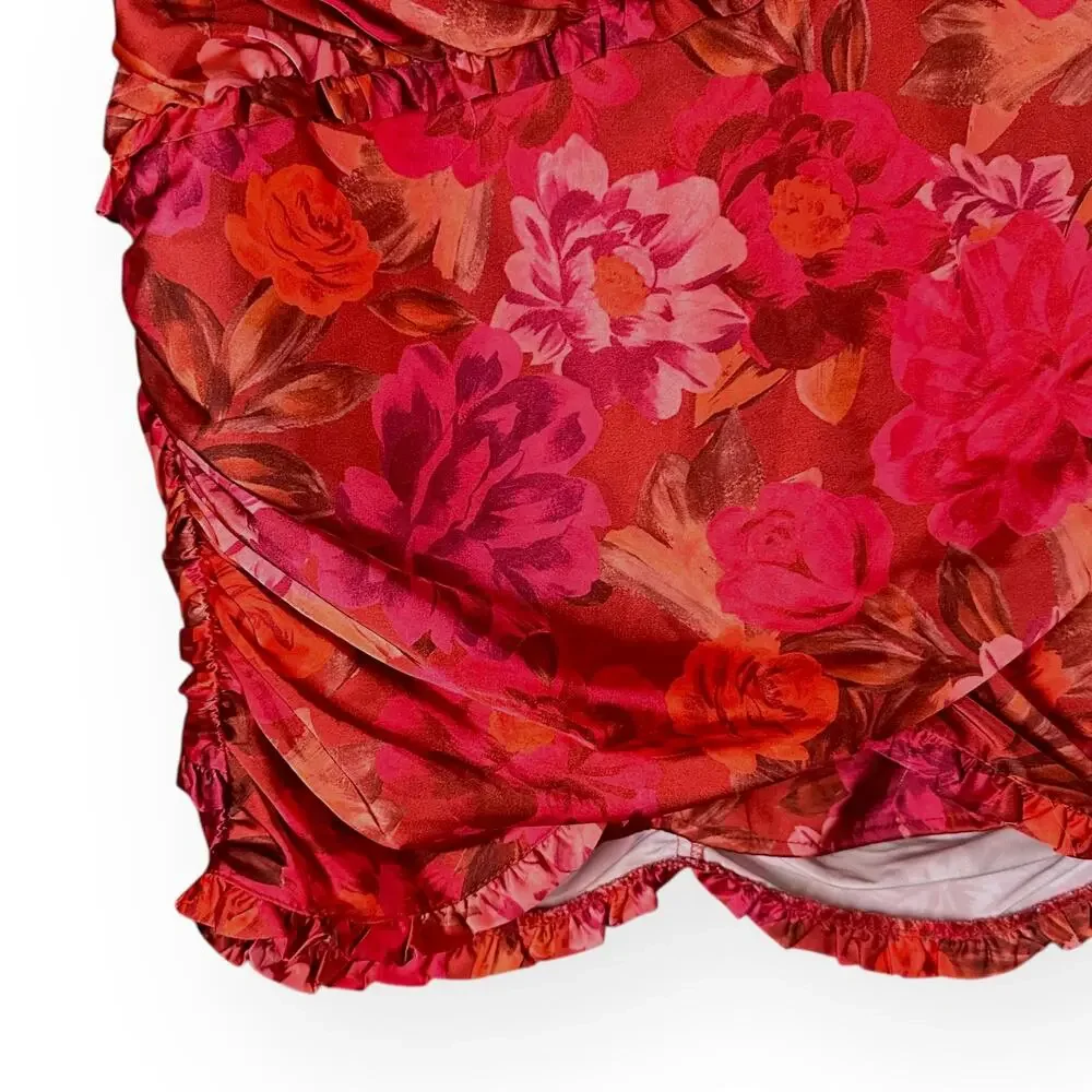 FOR LOVE & LEMONS Alia Floral Satin Mini Skirt Red Ruched Ruffle Festival Club